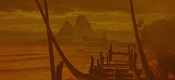 Movie still from “South Pacific” (1958), directed by Joshua Logan – An image of an ocean with a mountain in the background; Extreme Wide shot, Low angle