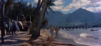 Movie still from “South Pacific” (1958), directed by Joshua Logan – Two people walking on the beach near the water; Extreme Wide shot, Low angle
