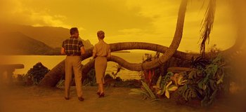 Movie still from “South Pacific” (1958), directed by Joshua Logan – A man and a woman standing next to each other near the ocean; Extreme Wide shot, High angle