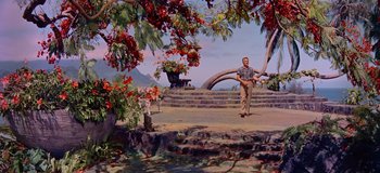 Movie still from “South Pacific” (1958), directed by Joshua Logan – A man standing in front of a stone wall; Extreme Wide shot, Low angle