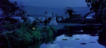 Movie still from “South Pacific” (1958), directed by Joshua Logan – A man and a woman are standing near a pond; Extreme Wide shot, High angle