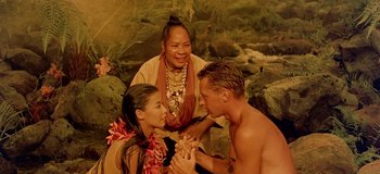 Movie still from “South Pacific” (1958), directed by Joshua Logan – Two women and a young man are in front of a waterfall; Medium shot, High angle