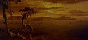 Movie still from “South Pacific” (1958), directed by Joshua Logan – An image of a painting of the ocean at sunset; Extreme Wide shot, High angle