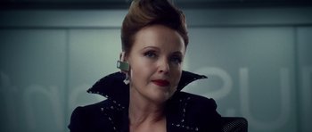 Movie still from “Southland Tales” (2006), directed by Richard Kelly – A person wearing a black jacket; Close Up shot, Low angle