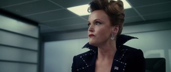 Movie still from “Southland Tales” (2006), directed by Richard Kelly – A person wearing a jacket; Close Up shot, Low angle