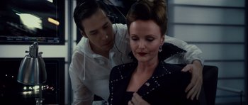 Movie still from “Southland Tales” (2006), directed by Richard Kelly – A man and a woman in a black jacket; Medium shot, Low angle