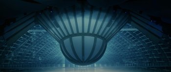 Movie still from “Southland Tales” (2006), directed by Richard Kelly – An image of an empty room with a large ball in the middle of the room; Extreme Wide shot, Low angle