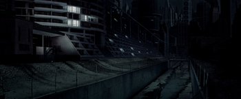 Movie still from “Soylent Green” (1973), directed by Richard Fleischer – A dark picture of an empty city street at night; Extreme Wide shot, High angle