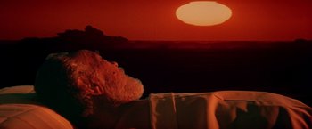Movie still from “Soylent Green” (1973), directed by Richard Fleischer – A teddy bear sitting in front of an orange sunset; Medium shot, High angle