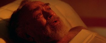 Movie still from “Soylent Green” (1973), directed by Richard Fleischer – An old man with a beard is looking at the camera; Close Up shot, Overhead angle