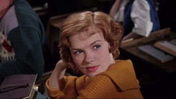 Movie still from “Splendor in the Grass” (1961), directed by Elia Kazan – A woman in a yellow sweater posing for a picture; Close Up shot, High angle