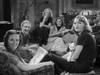 Movie still from “Stage Door” (1937), directed by Gregory La Cava – A black and white photo of a group of women sitting on couches; Medium shot, High angle