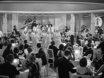 Movie still from “Stage Door” (1937), directed by Gregory La Cava – A group of people sitting at a table with chairs; Extreme Wide shot, High angle