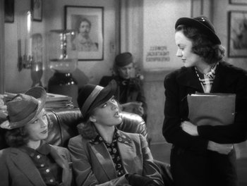 Movie still from “Stage Door” (1937), directed by Gregory La Cava – A group of people sitting in a room; Medium shot, Over the shoulder angle