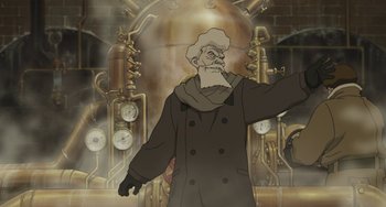 Movie still from “Steamboy” (2004), directed by Shinji Takagi – An old man with a long white beard is standing in front of pipes; Medium shot, Low angle