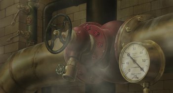 Movie still from “Steamboy” (2004), directed by Shinji Takagi – A fire hydrant and a clock; Extreme Close Up shot, Low angle