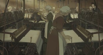 Movie still from “Steamboy” (2004), directed by Shinji Takagi – Two women dressed in aprons in a factory; Wide shot, High angle