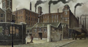 Movie still from “Steamboy” (2004), directed by Shinji Takagi – A painting of a man walking on a street near a factory; Extreme Wide shot, High angle