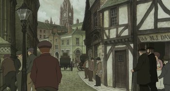 Movie still from “Steamboy” (2004), directed by Shinji Takagi – An animated picture of a street scene with a horse drawn carriage; Extreme Wide shot, High angle