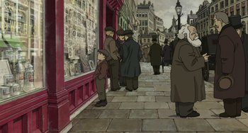 Movie still from “Steamboy” (2004), directed by Shinji Takagi – A group of people standing on a sidewalk near a building; Wide shot, Over the shoulder angle