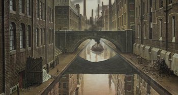 Movie still from “Steamboy” (2004), directed by Shinji Takagi – An oil painting of a canal in a city; Extreme Wide shot, High angle