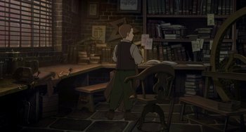 Movie still from “Steamboy” (2004), directed by Shinji Takagi – A man standing in front of a book shelf; Wide shot, High angle