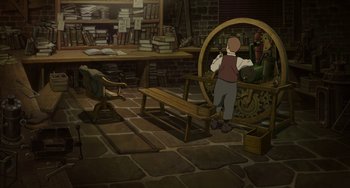 Movie still from “Steamboy” (2004), directed by Shinji Takagi – An animated scene of a boy in a room with books; Wide shot, High angle
