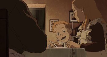 Movie still from “Steamboy” (2004), directed by Shinji Takagi – An animated scene of a boy and his mother; Medium shot, High angle