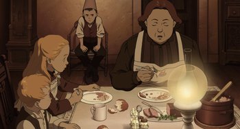 Movie still from “Steamboy” (2004), directed by Shinji Takagi – An illustration of people eating at a dinner table; Medium shot, High angle