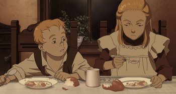 Movie still from “Steamboy” (2004), directed by Shinji Takagi – A boy and a girl sitting at a dinner table; Close Up shot, High angle