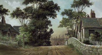 Movie still from “Steamboy” (2004), directed by Shinji Takagi – An oil painting of a dirt road leading into a wooded area; Extreme Wide shot, High angle