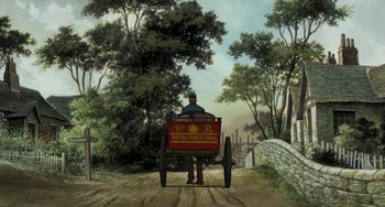Movie still from “Steamboy” (2004), directed by Shinji Takagi – A painting of a man riding a cart down a dirt road; Extreme Wide shot, Low angle