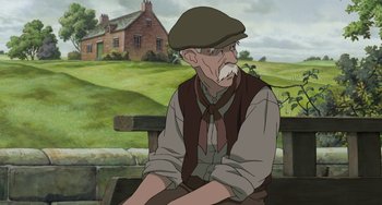 Movie still from “Steamboy” (2004), directed by Shinji Takagi – An old man sitting on top of a wooden bench; Medium shot, Over the shoulder angle