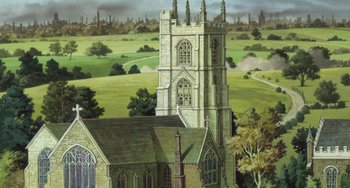 Movie still from “Steamboy” (2004), directed by Shinji Takagi – A painting of an old church in a rural setting; Extreme Wide shot, High angle