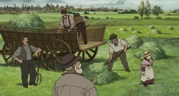 Movie still from “Steamboy” (2004), directed by Shinji Takagi – A group of men working in a field with a wagon; Wide shot, High angle