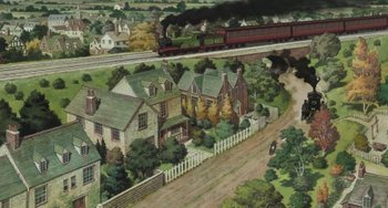 Movie still from “Steamboy” (2004), directed by Shinji Takagi – An aerial view of houses and a train on the tracks; Extreme Wide shot, High angle