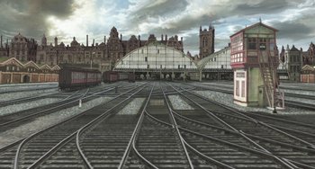 Movie still from “Steamboy” (2004), directed by Shinji Takagi – A painting of an empty train station with train tracks; Extreme Wide shot, High angle