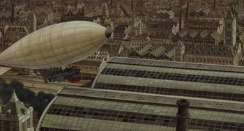 Movie still from “Steamboy” (2004), directed by Shinji Takagi – An airship flying over a large city with many buildings; Extreme Wide shot, Overhead angle