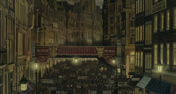 Movie still from “Steamboy” (2004), directed by Shinji Takagi – An illustration of a city with a lot of people; Extreme Wide shot, High angle