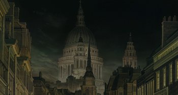 Movie still from “Steamboy” (2004), directed by Shinji Takagi – A painting of a cathedral in a dark city; Extreme Wide shot, Low angle