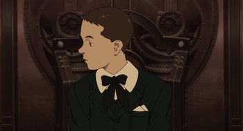 Movie still from “Steamboy” (2004), directed by Shinji Takagi – An illustration of a young man in a suit and bow tie; Close Up shot, High angle