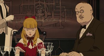 Movie still from “Steamboy” (2004), directed by Shinji Takagi – An animated picture of a woman and a man sitting at a table; Close Up shot, Over the shoulder angle