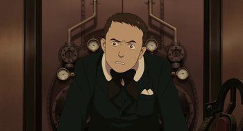 Movie still from “Steamboy” (2004), directed by Shinji Takagi – A man in a suit and tie in front of a wall of clocks; Medium shot, High angle