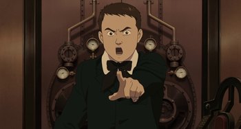 Movie still from “Steamboy” (2004), directed by Shinji Takagi – A man in a suit and bow tie points at the camera; Medium shot, High angle
