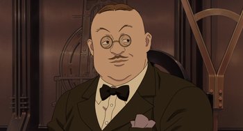 Movie still from “Steamboy” (2004), directed by Shinji Takagi – An animated man in a suit and bow tie; Close Up shot, High angle