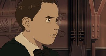 Movie still from “Steamboy” (2004), directed by Shinji Takagi – A young man in a suit and bow tie; Close Up shot, High angle