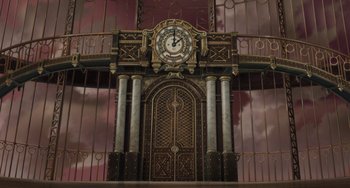 Movie still from “Steamboy” (2004), directed by Shinji Takagi – An ornate clock on the side of a building; Extreme Wide shot, High angle