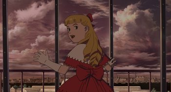 Movie still from “Steamboy” (2004), directed by Shinji Takagi – A girl in a red dress standing in front of a sky background; Medium shot, Over the shoulder angle