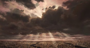Movie still from “Steamboy” (2004), directed by Shinji Takagi – A painting of a city with a cloudy sky; Extreme Wide shot, Low angle