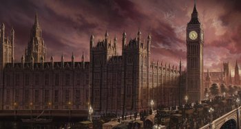 Movie still from “Steamboy” (2004), directed by Shinji Takagi – A painting of an old building with a dark sky in the background; Extreme Wide shot, Low angle